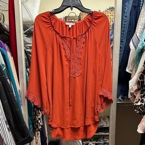 Elegant Rust Blouse with Lace Trim